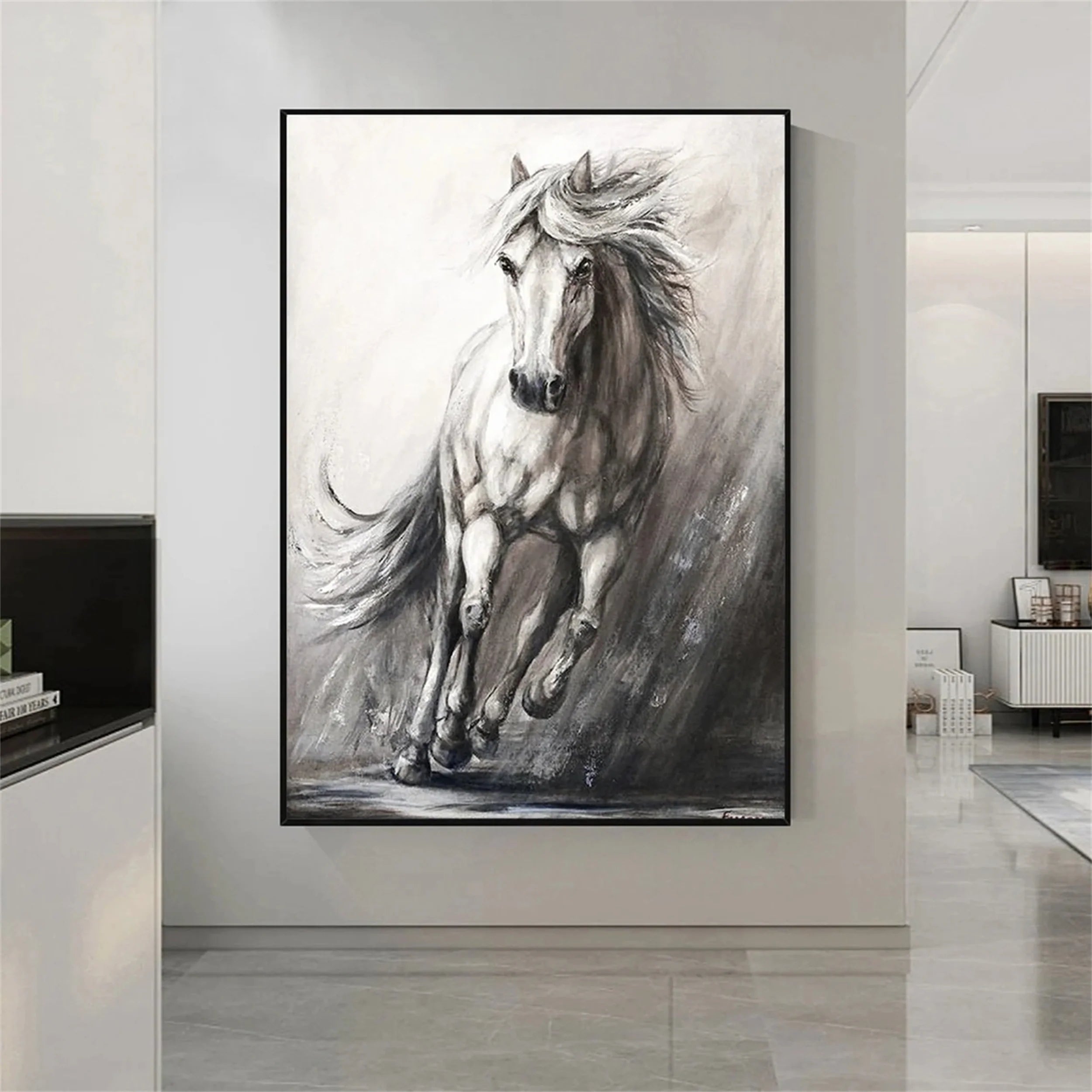 White And Black Horse Abstract Animal Wall Art #AM048