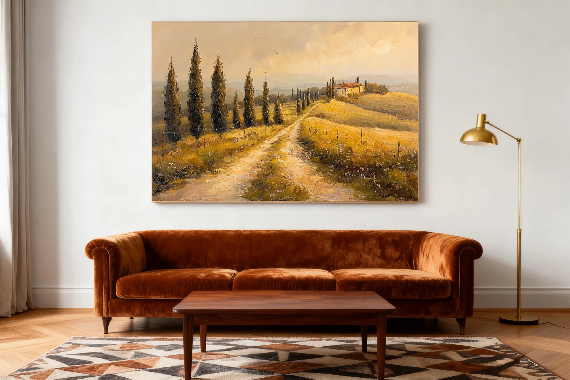 Tuscany Countryside Oil Painting, Neutral Landscape Wall Art #FT587