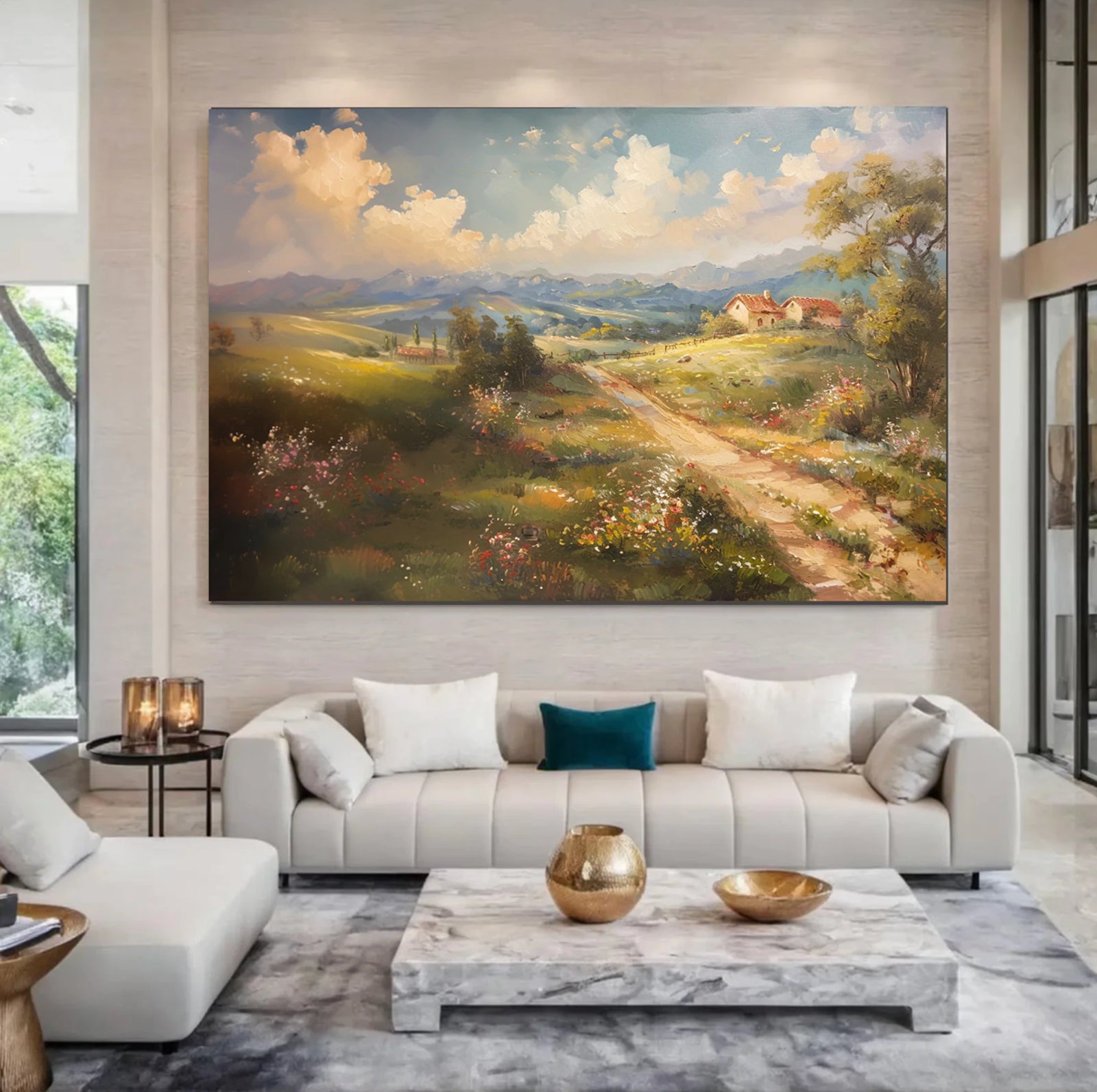 Vintage Tuscan Countryside Oil Painting, Soft Landscape Wall Art #FT597