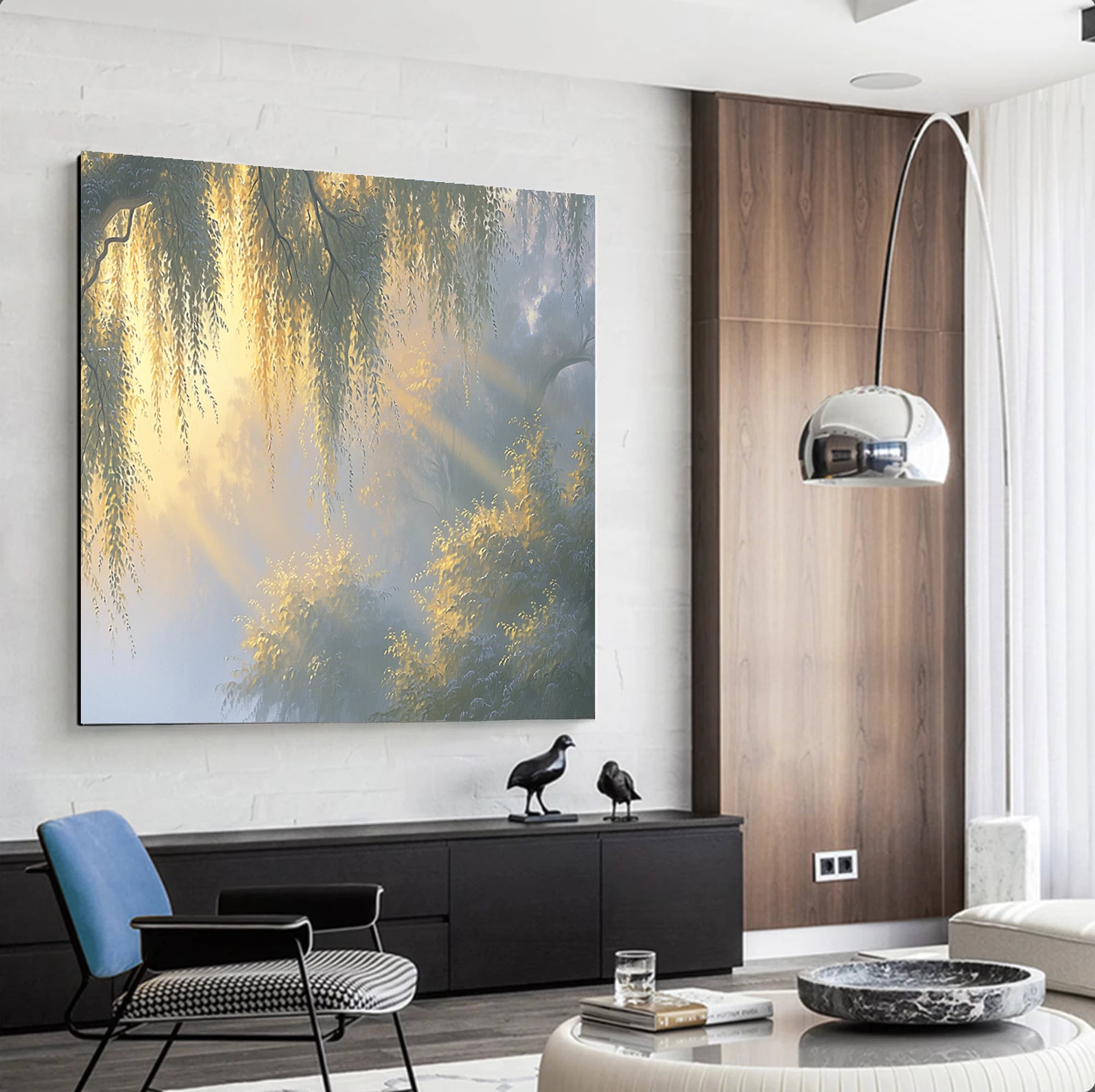 Hand-painted Morning Willow Light Forest Landscape Oil Painting #FT527