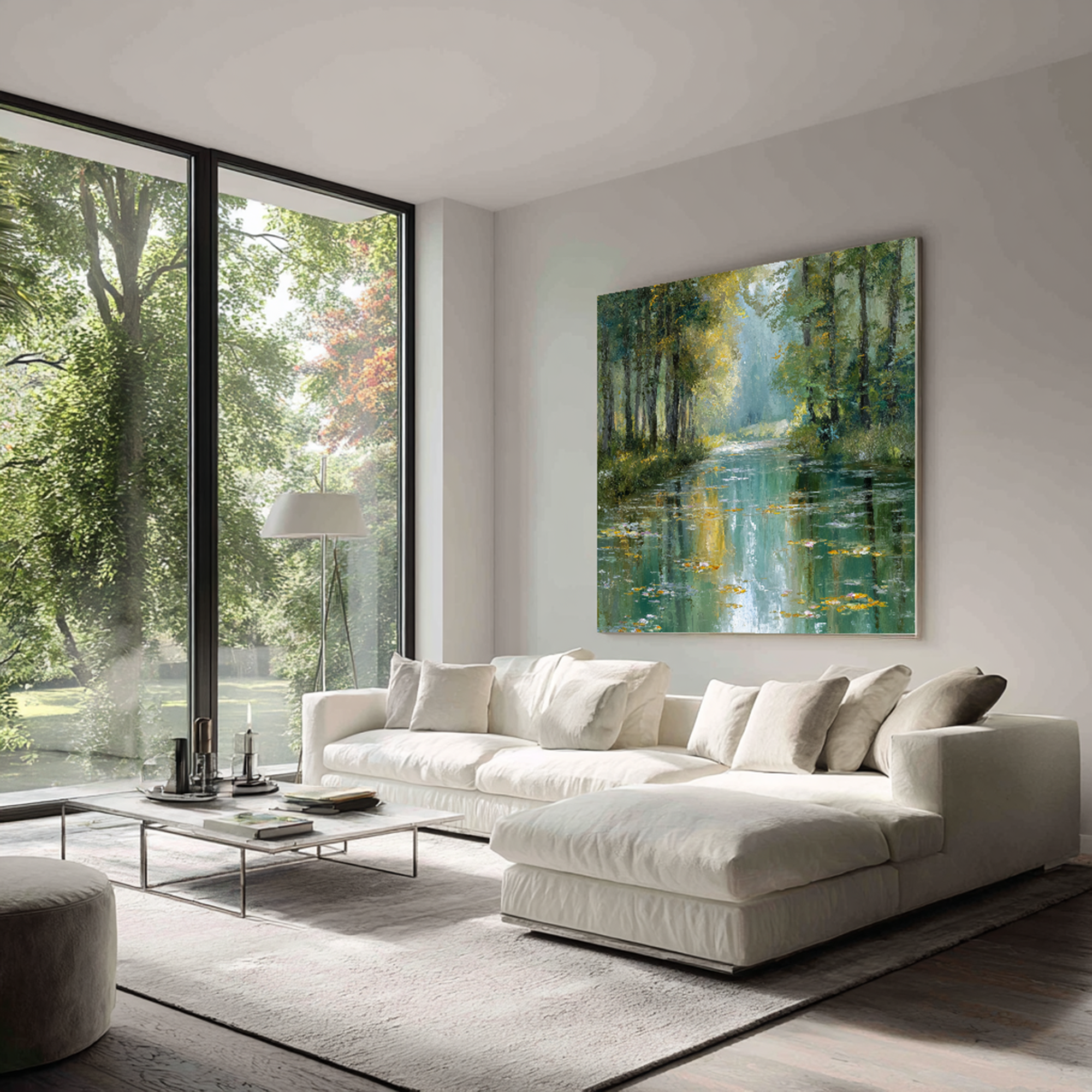Sunlit Forest Stream Oil Painting with Water Lilies #FT328