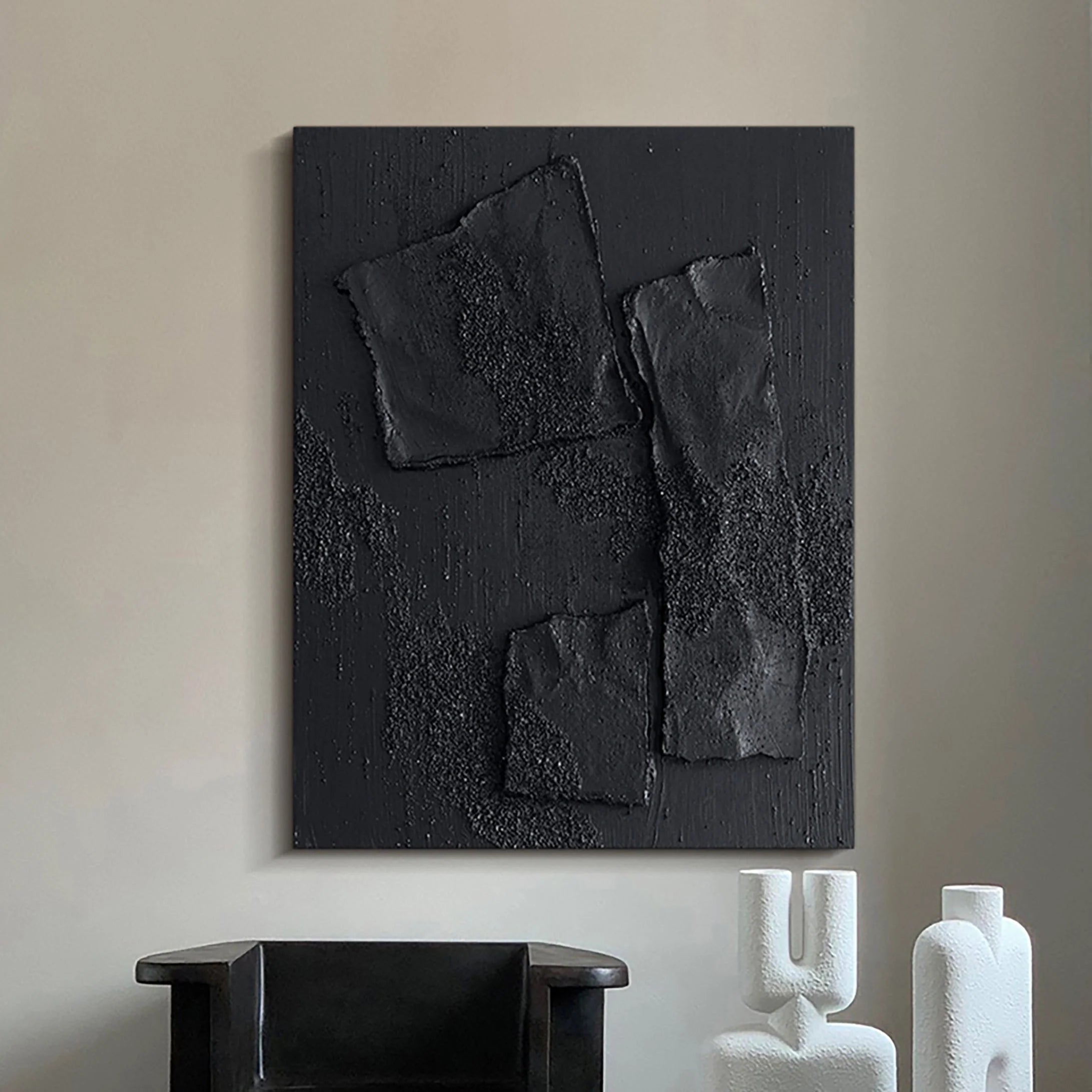 Total Black Plaster Art Minimalist Zen Abstract Painting on Canvas
