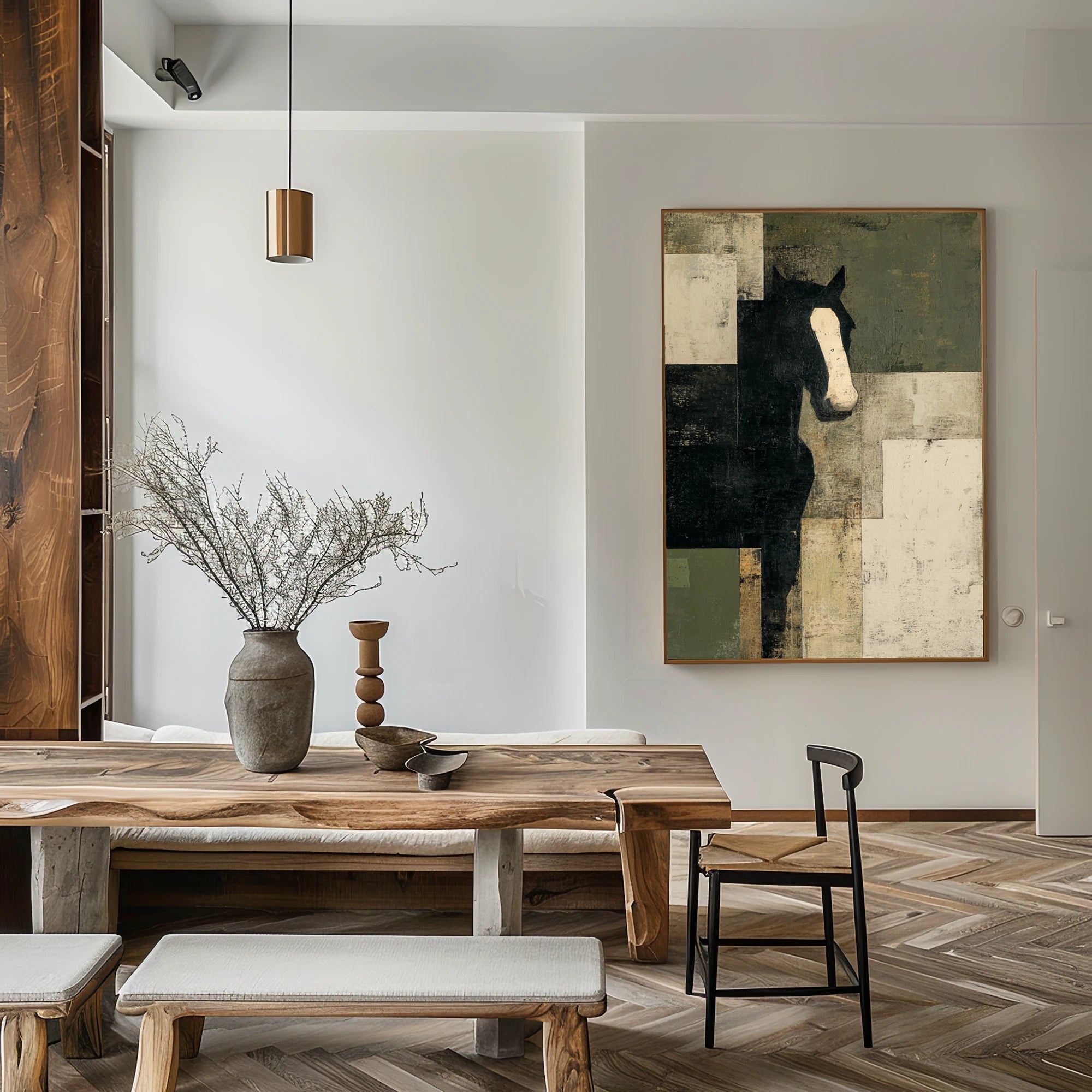 Abstract Black Horse Oil Painting - Hand-Painted Wabi-Sabi Wall Art #WA525