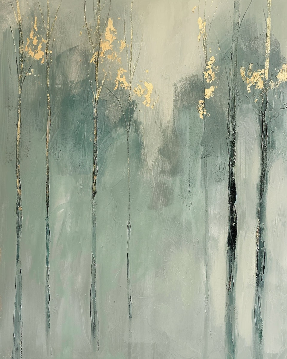 Sage Green Trees with Gold Leaf Abstract Oil Painting #FT211
