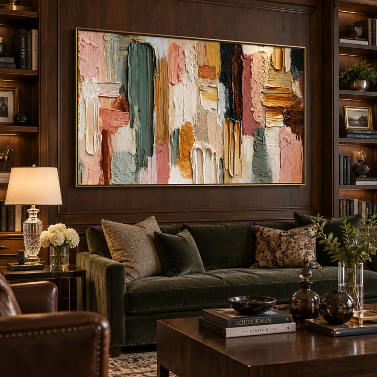 Blush Pink & Sage Green Hand-Painted 3D Textured Oil Painting, Abstract Color Block Wall Art #EIPL629Z