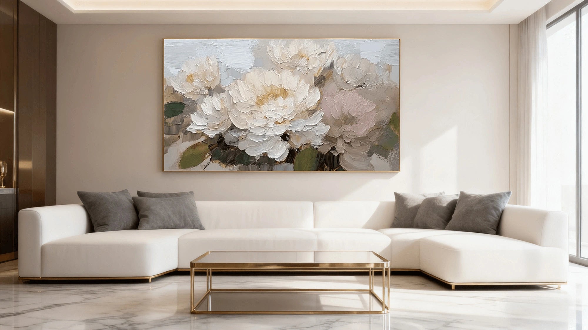 Textured White Peonies Oil Painting #FT767
