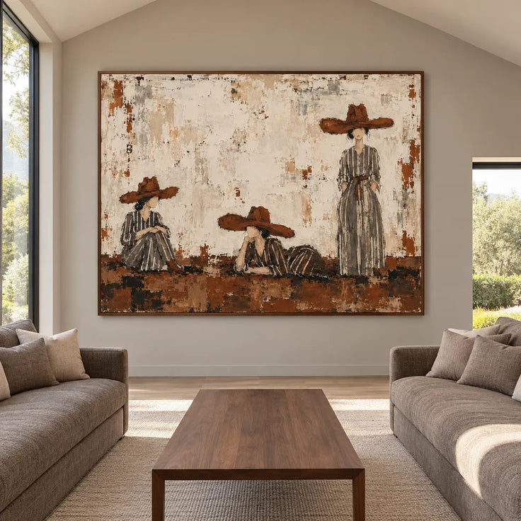 Ivory & Brown Hand-Painted Oil Painting, Women in Wide-Brimmed Hats Wall Art #2L8TWKQ1