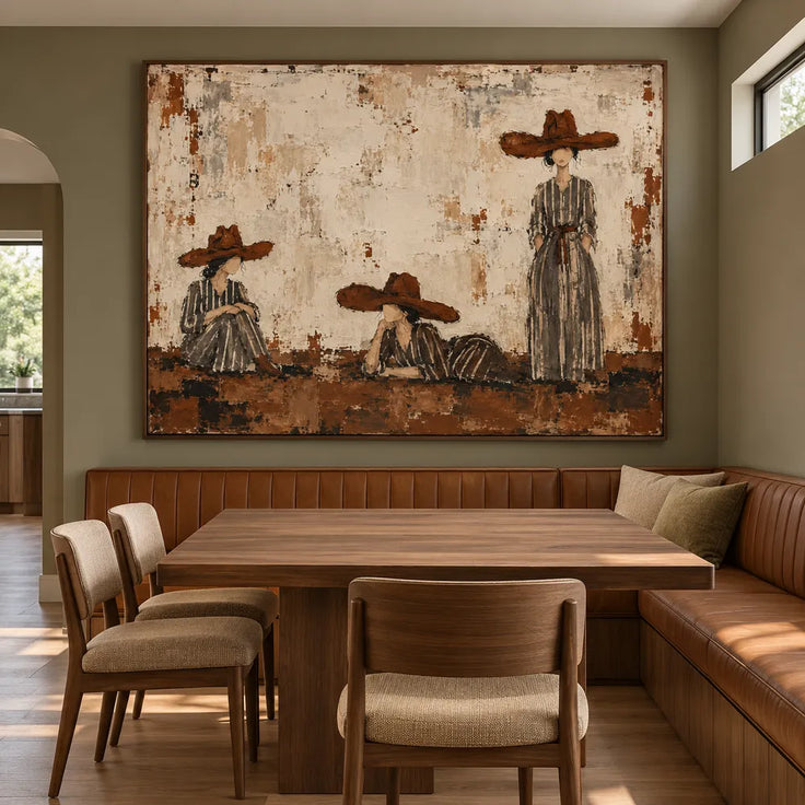 Ivory & Brown Hand-Painted Oil Painting, Women in Wide-Brimmed Hats Wall Art #2L8TWKQ1