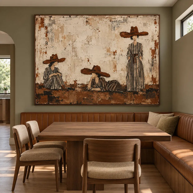 Ivory & Brown Hand-Painted Oil Painting, Women in Wide-Brimmed Hats Wall Art #2L8TWKQ1