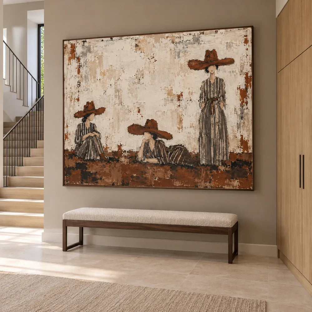 Ivory & Brown Hand-Painted Oil Painting, Women in Wide-Brimmed Hats Wall Art #2L8TWKQ1