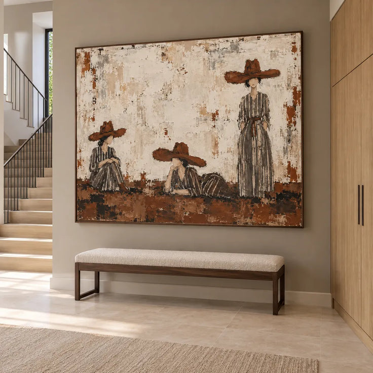 Ivory & Brown Hand-Painted Oil Painting, Women in Wide-Brimmed Hats Wall Art #2L8TWKQ1