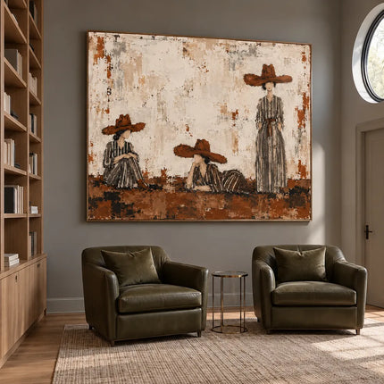 Ivory & Brown Hand-Painted Oil Painting, Women in Wide-Brimmed Hats Wall Art #2L8TWKQ1
