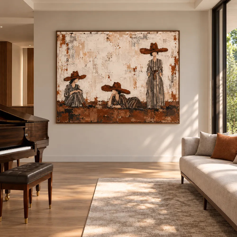 Ivory & Brown Hand-Painted Oil Painting, Women in Wide-Brimmed Hats Wall Art #2L8TWKQ1