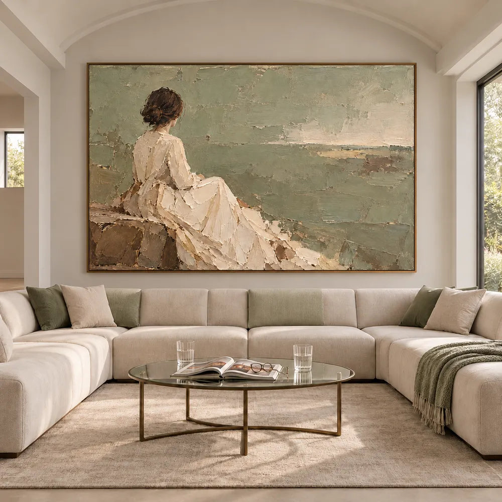 Sage Cream Hand-Painted Figure Painting, Seated by the Sea #N46T6BC1