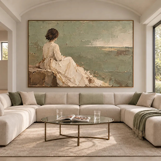 Sage Cream Hand-Painted Figure Painting, Seated by the Sea #N46T6BC1