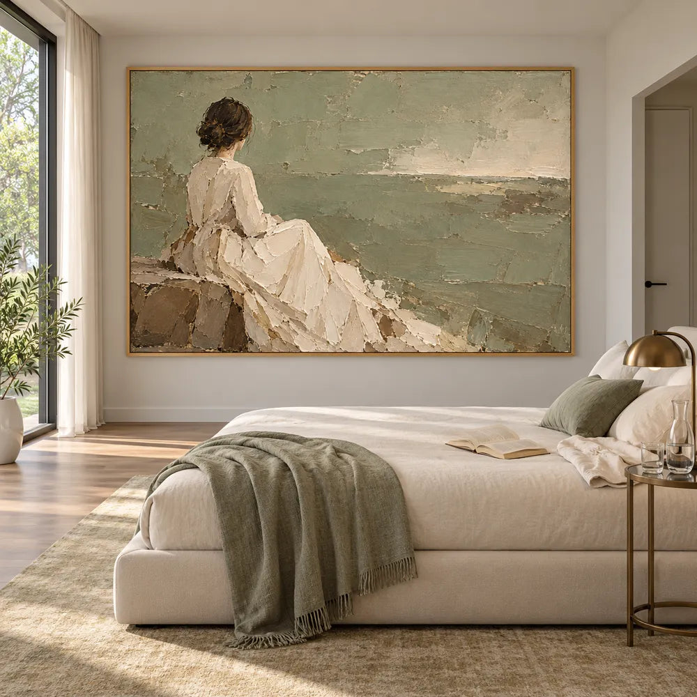 Sage Cream Hand-Painted Figure Painting, Seated by the Sea #N46T6BC1