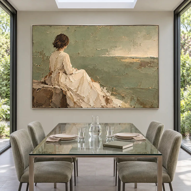 Sage Cream Hand-Painted Figure Painting, Seated by the Sea #N46T6BC1