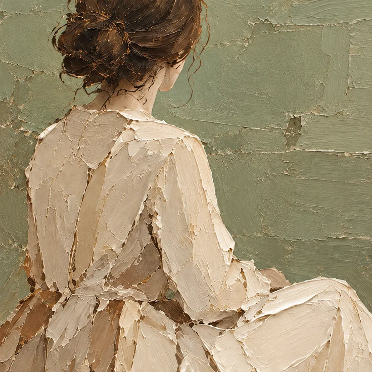 Sage Cream Hand-Painted Figure Painting, Seated by the Sea #N46T6BC1