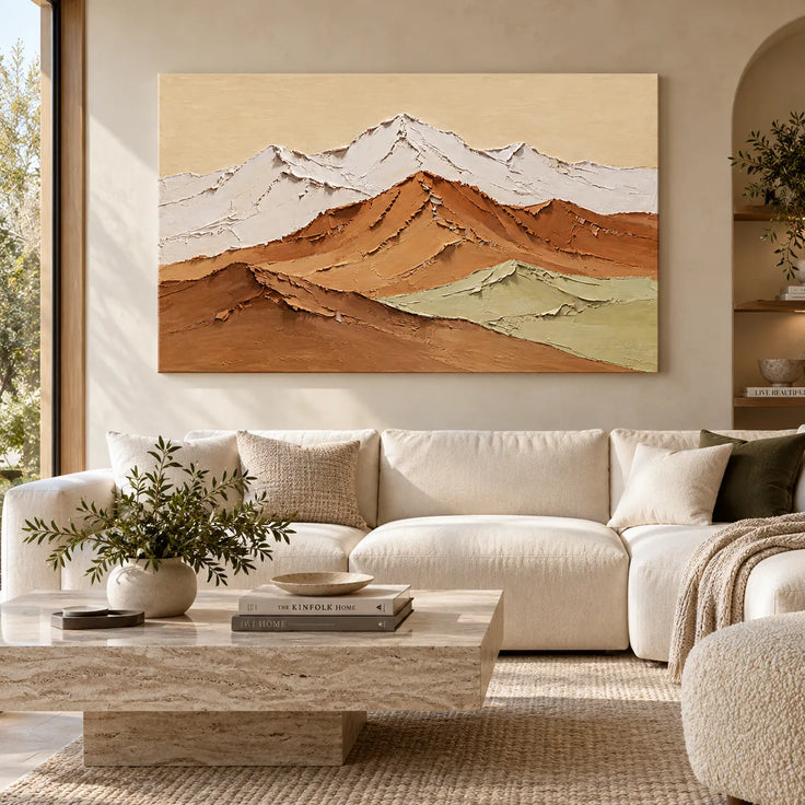 Ochre & Ivory Hand-Painted 3D Textured Oil Painting, Layered Mountain Landscape Wall Art #MDQVBF4L