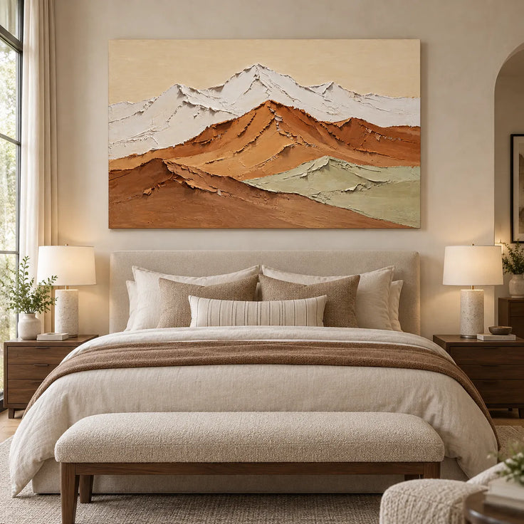 Ochre & Ivory Hand-Painted 3D Textured Oil Painting, Layered Mountain Landscape Wall Art #MDQVBF4L