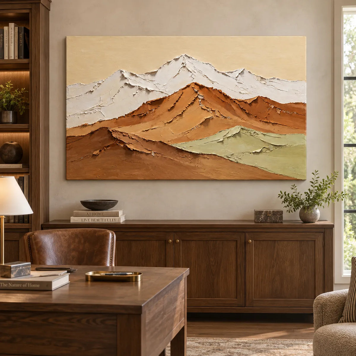 Ochre & Ivory Hand-Painted 3D Textured Oil Painting, Layered Mountain Landscape Wall Art #MDQVBF4L
