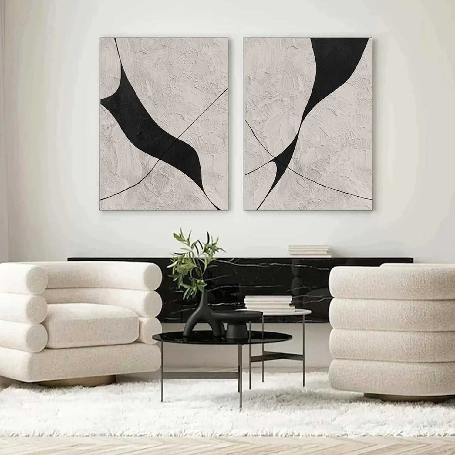 Beige & Black Abstract Textured Painting Set of 2 #WA462