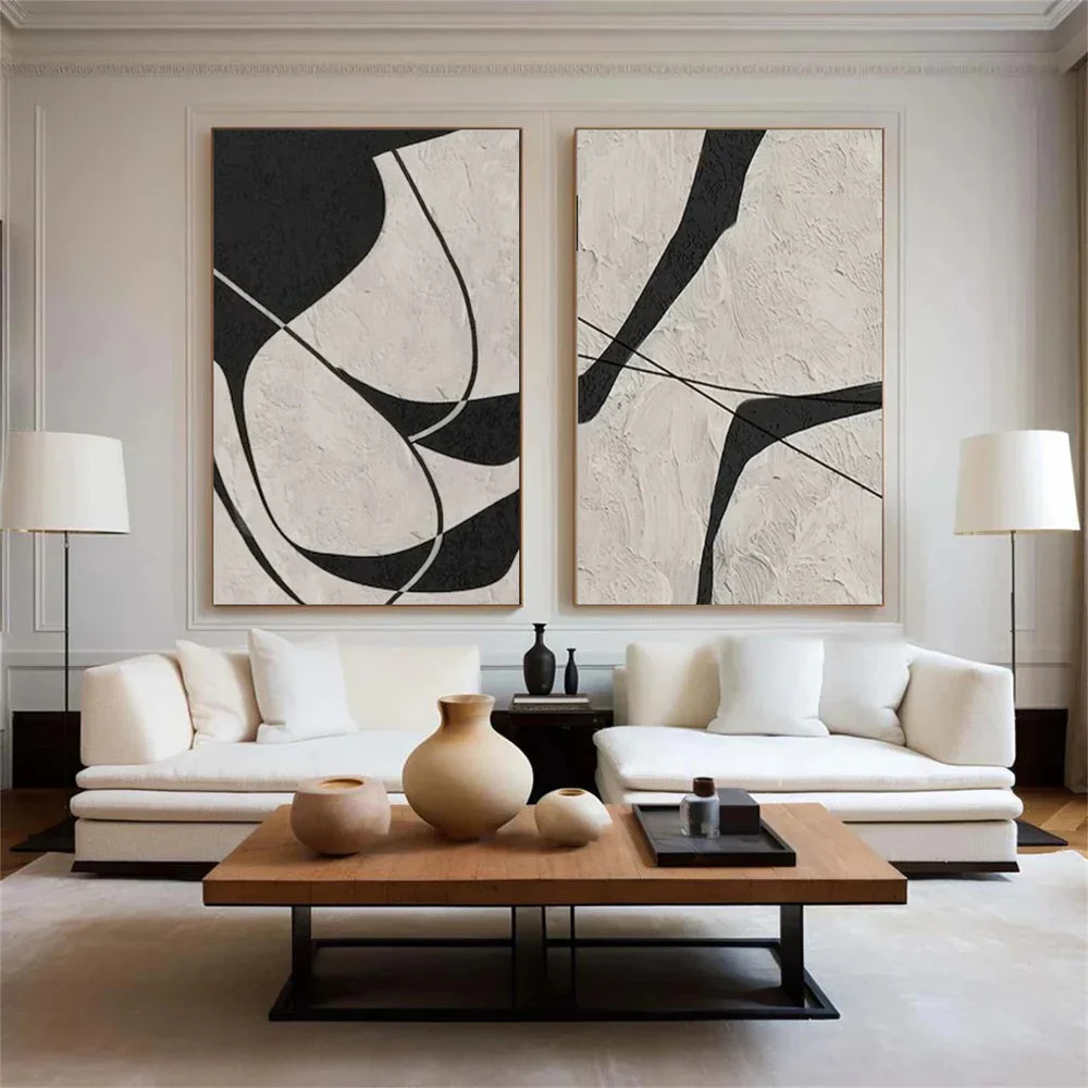 Beige & Black Abstract Textured Painting Set of 2 #WA325