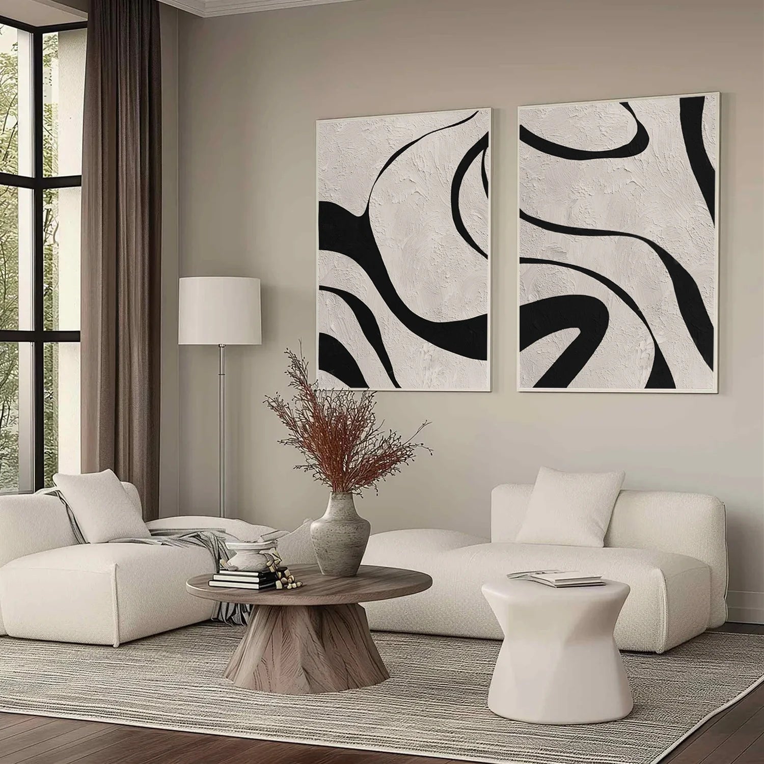 Beige & Black Abstract Textured Painting Set of 2 #WA463