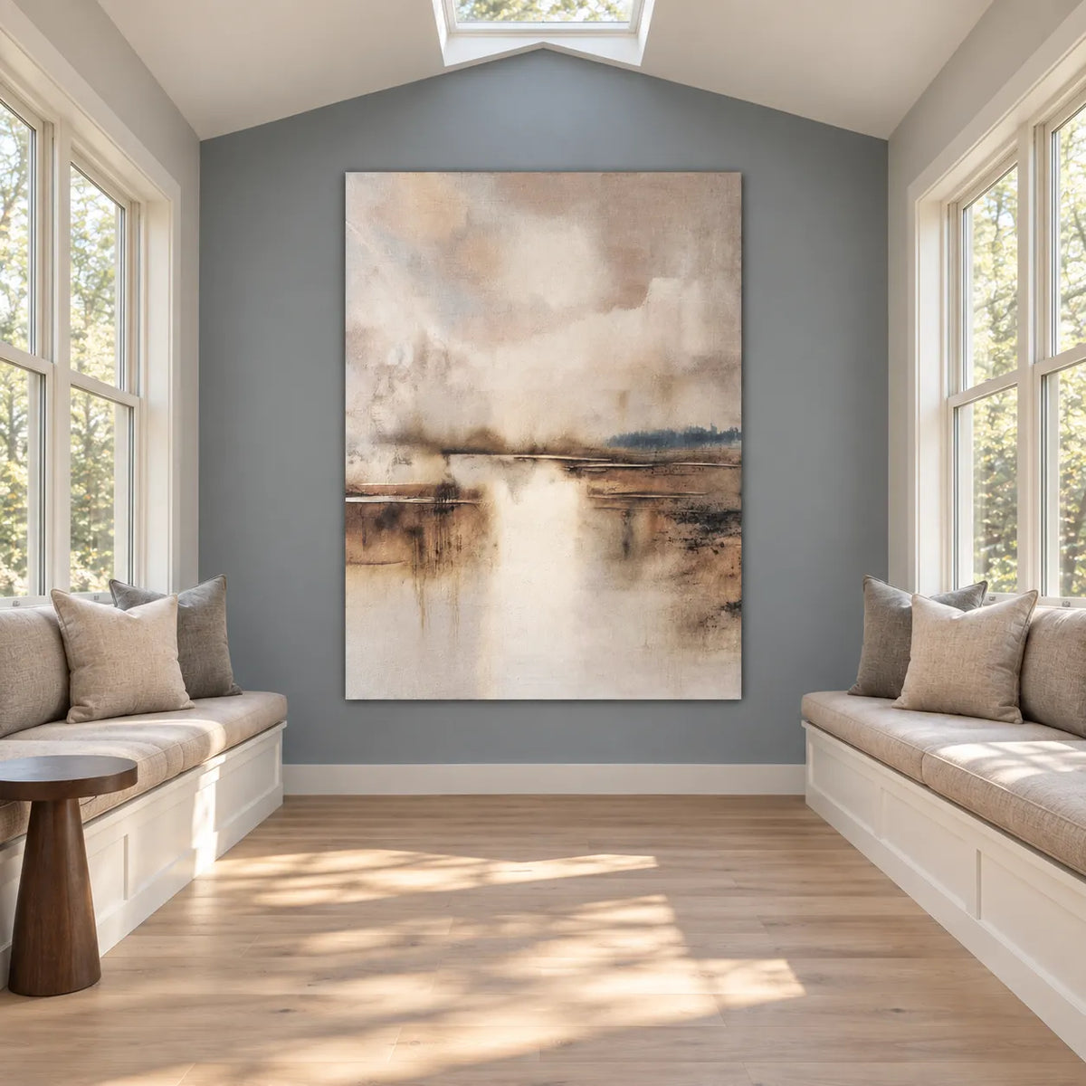 Cream & Taupe Hand-Painted Oil Painting, Misty Waterside Landscape Wall Art #XAOF0PMW