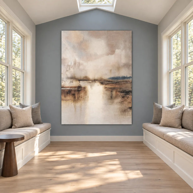 Cream & Taupe Hand-Painted Oil Painting, Misty Waterside Landscape Wall Art #XAOF0PMW