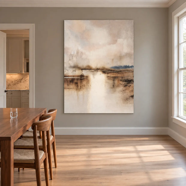 Cream & Taupe Hand-Painted Oil Painting, Misty Waterside Landscape Wall Art #XAOF0PMW