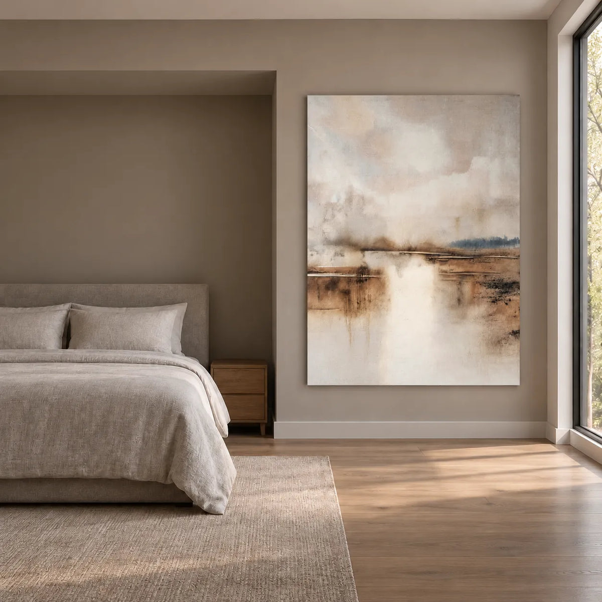 Cream & Taupe Hand-Painted Oil Painting, Misty Waterside Landscape Wall Art #XAOF0PMW