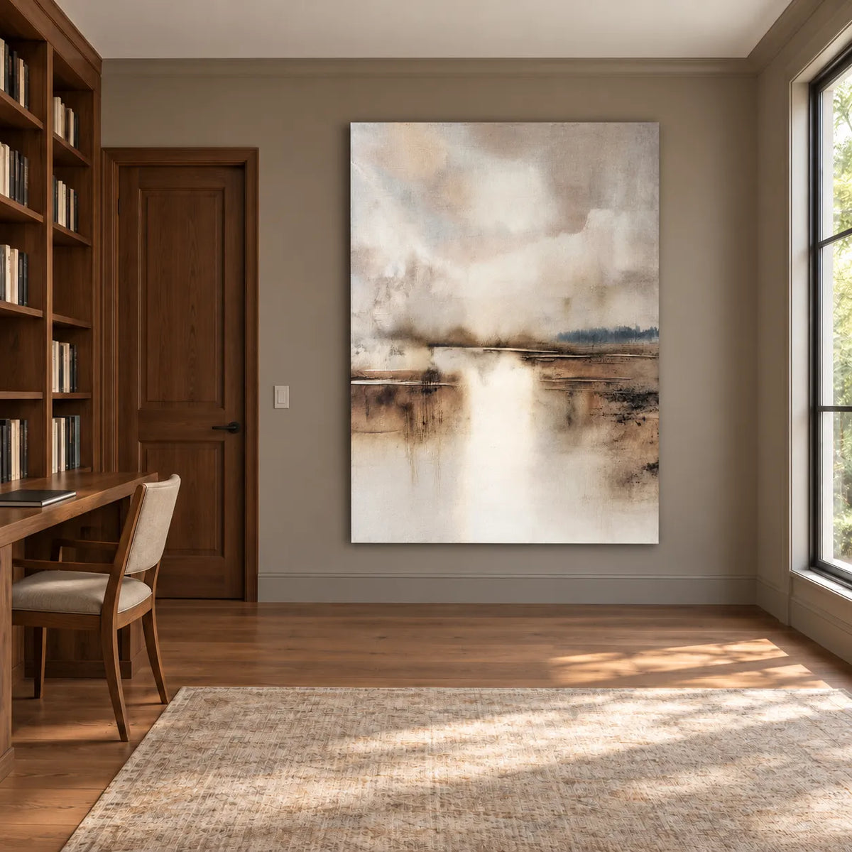 Cream & Taupe Hand-Painted Oil Painting, Misty Waterside Landscape Wall Art #XAOF0PMW