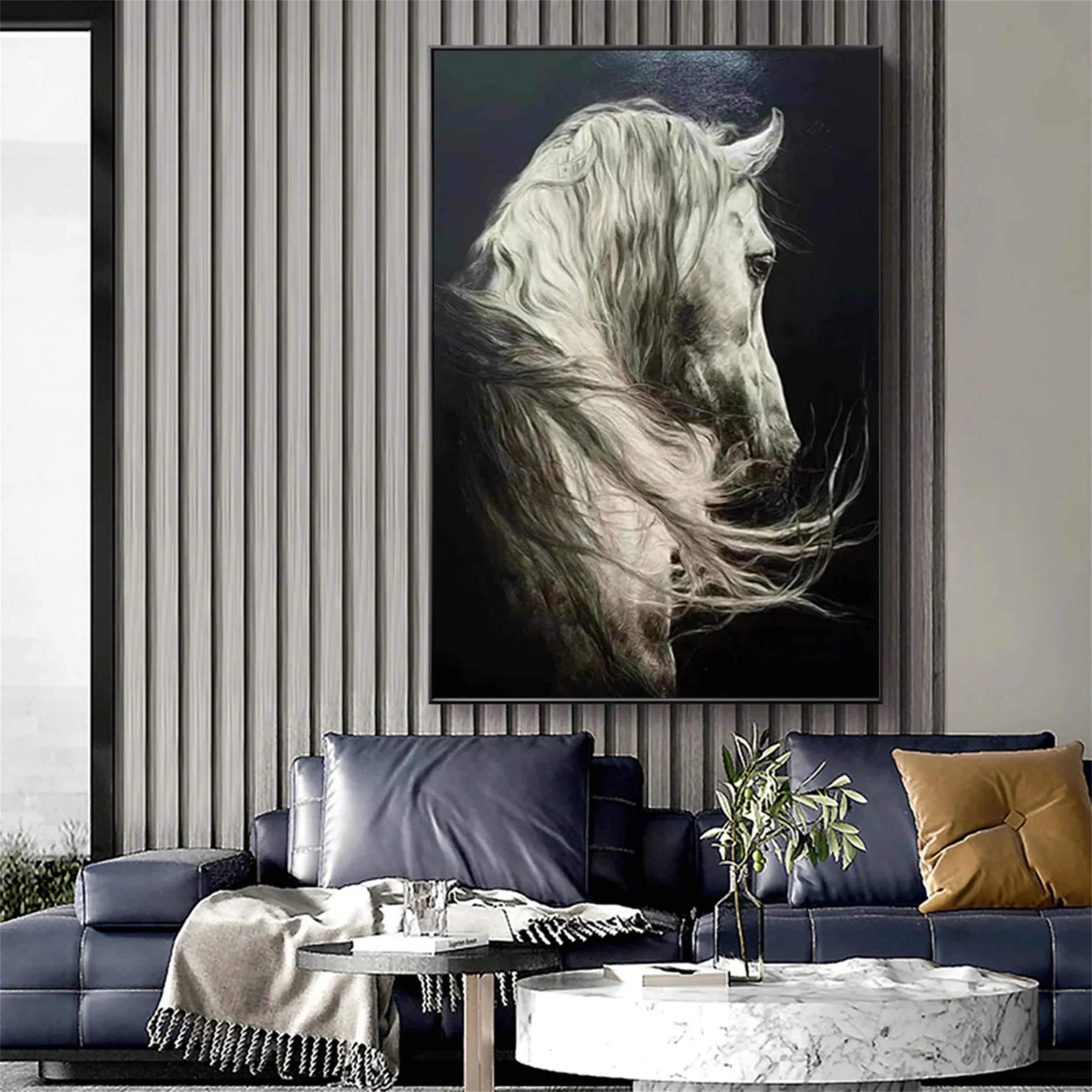 White And Black Horse Abstract Animal Wall Art #AM050