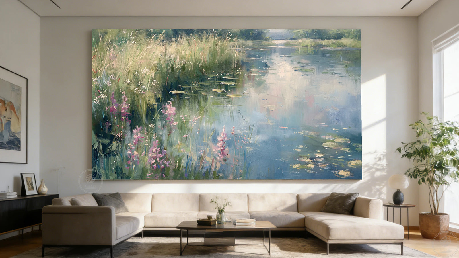 Impressionist Water Lily Pond Oil Painting, Calm Nature Landscape Wall Art #FT584