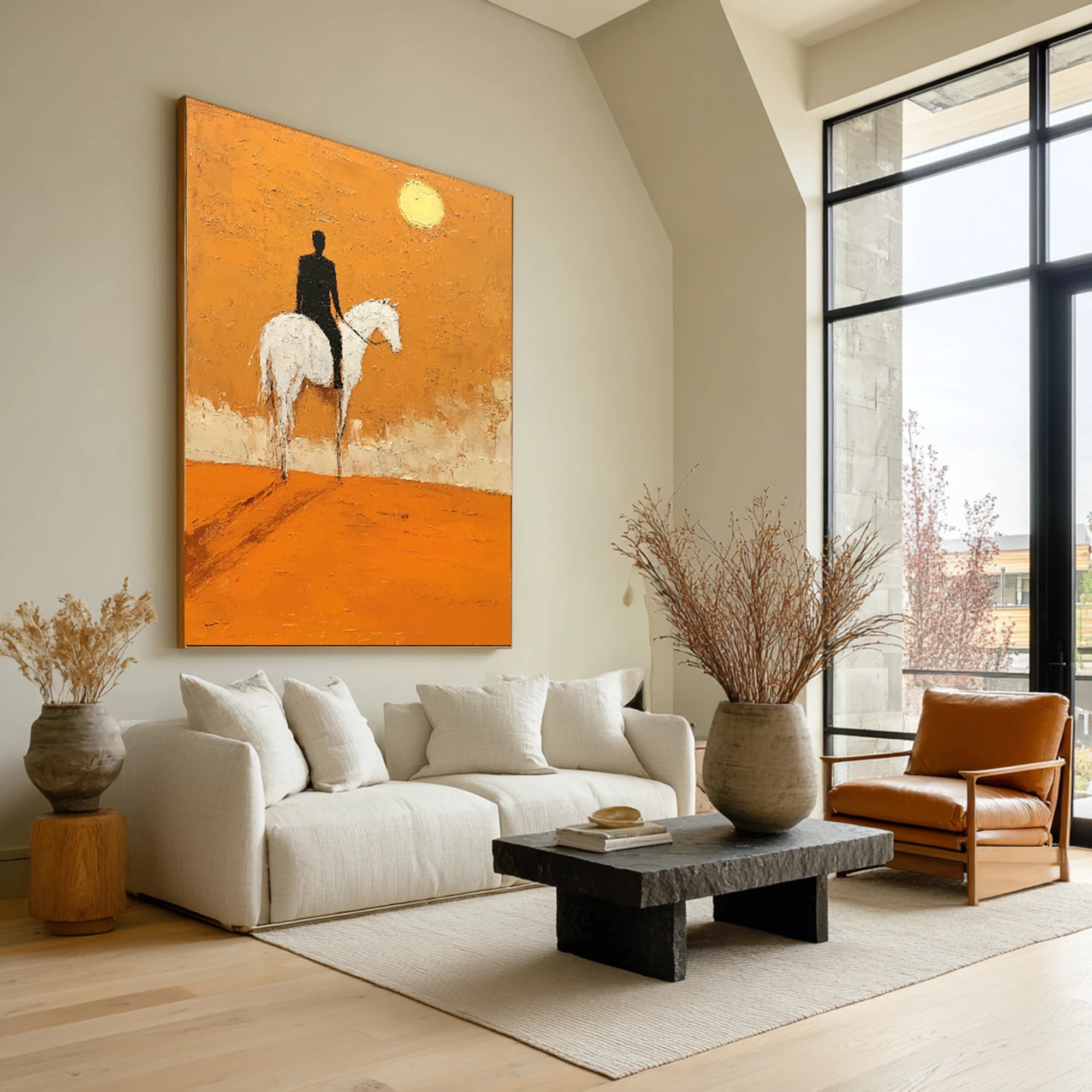Orange Sunset Horse Rider Abstract Oil Painting, Hand-Painted Wall Art #WA528
