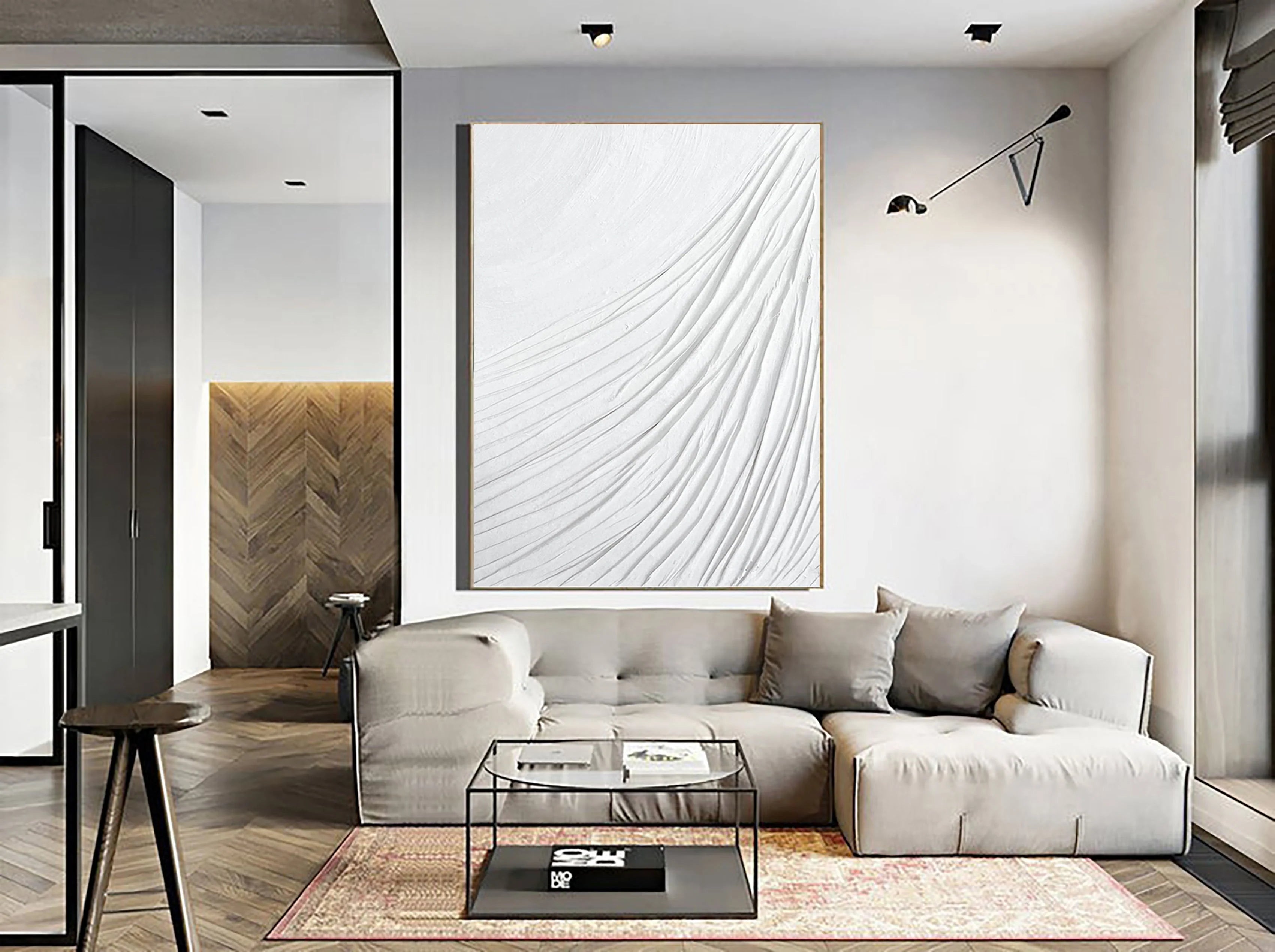 White 3D Textured Plaster Art Large Painting on Canvas Minimalistic Balance