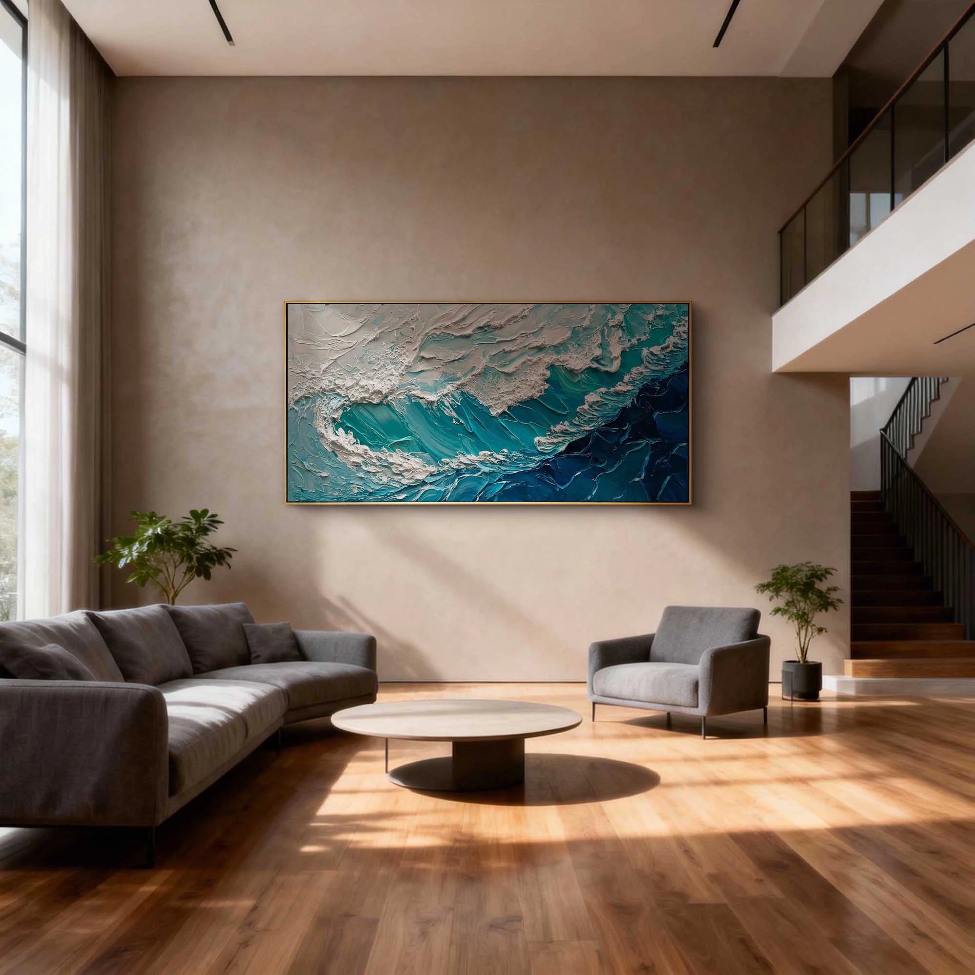 Modern Teal Blue Ocean Wave Texture Painting #SK50