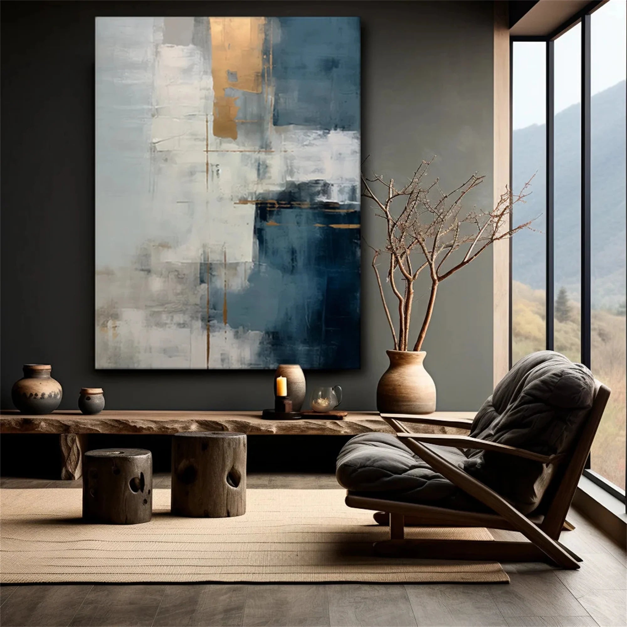 Minimalist Navy Blue and White Canvas Art for Living Room #MZ355