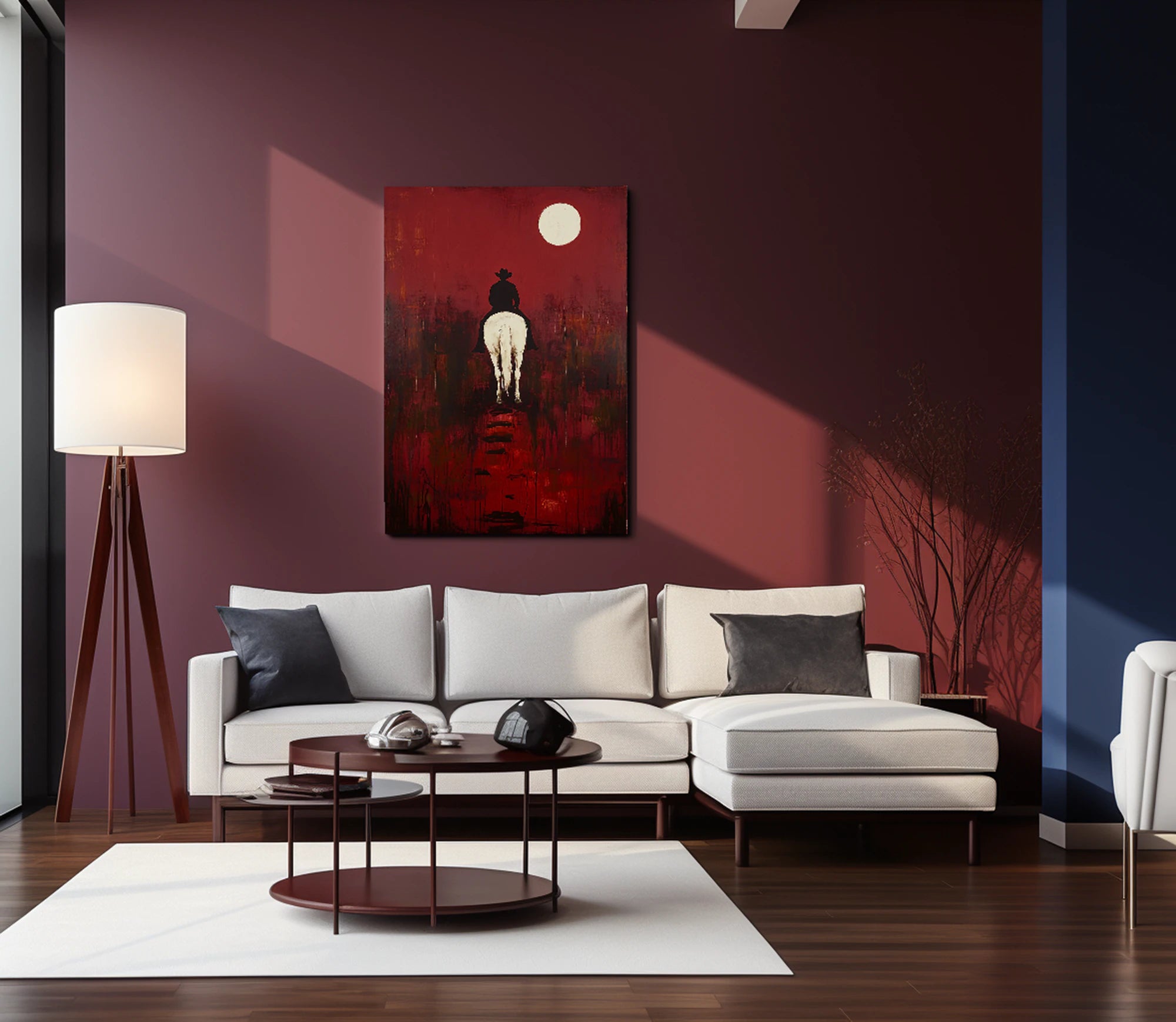 Red Moon Cowboy & White Horse Oil Painting #WA530