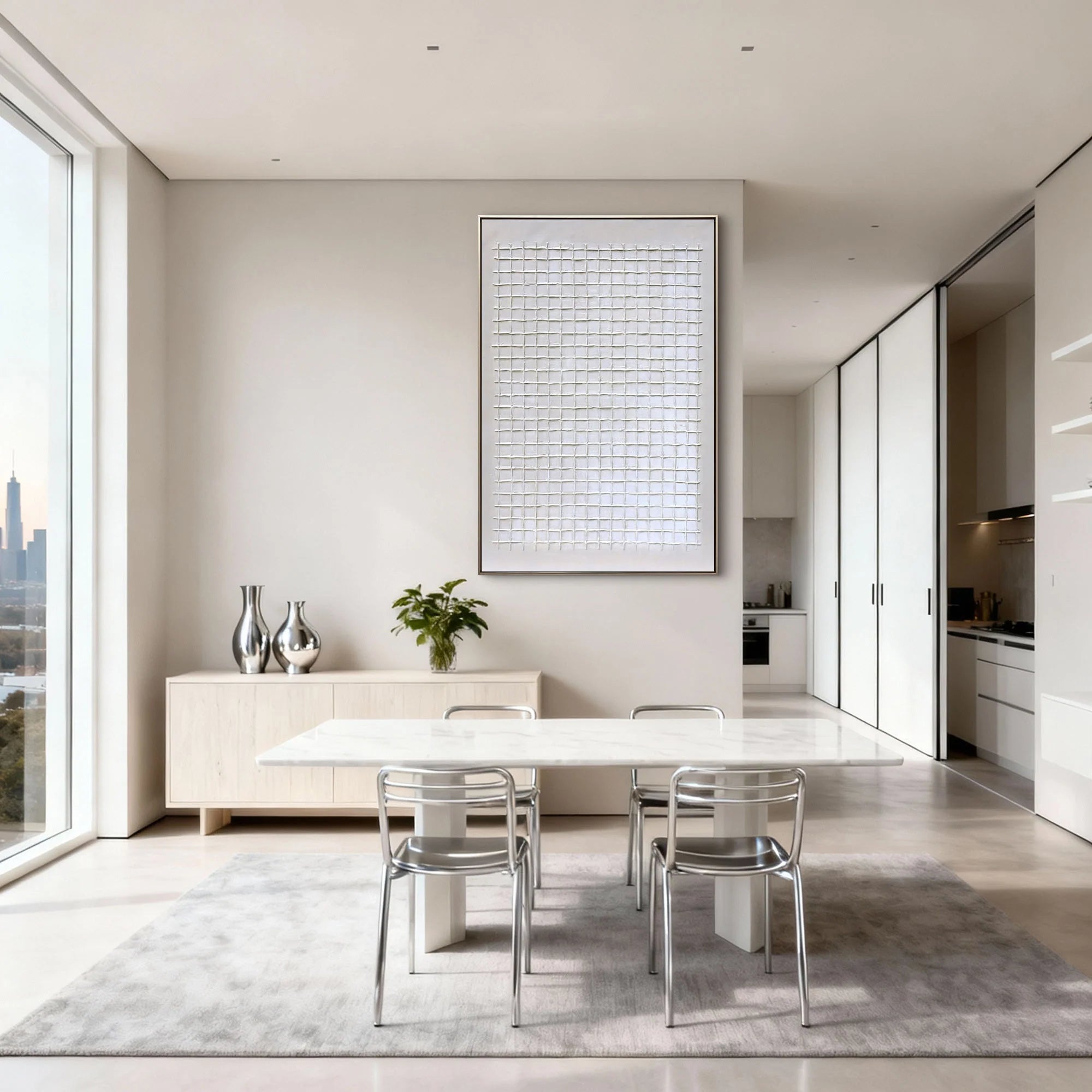 Hand-Painted White Grid Abstract Minimalist Wall Art #MD135