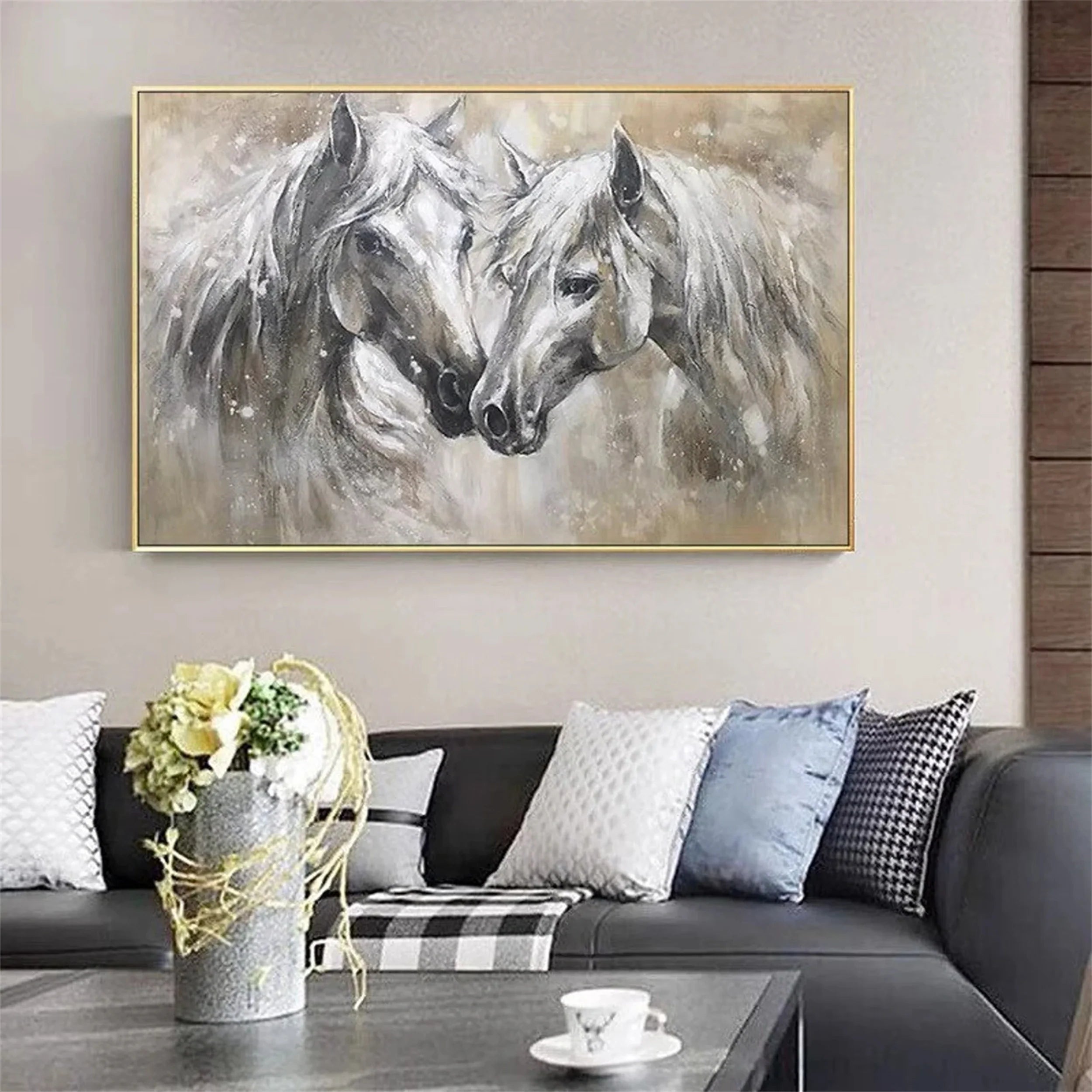 White and Black Horse Abstract Animal Wall Art #AM046