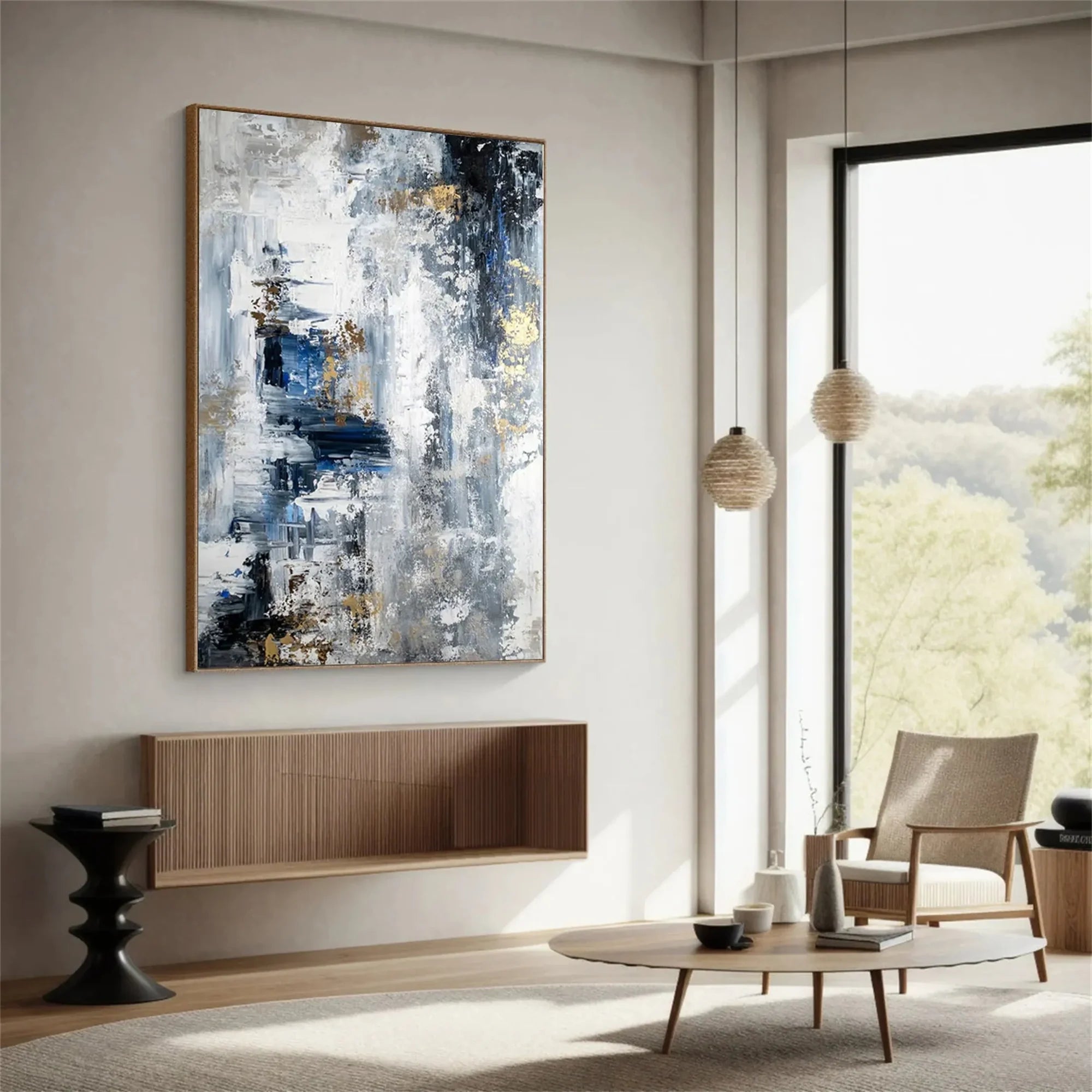 Blue Grey Gold Abstract Canvas Art #MZ353