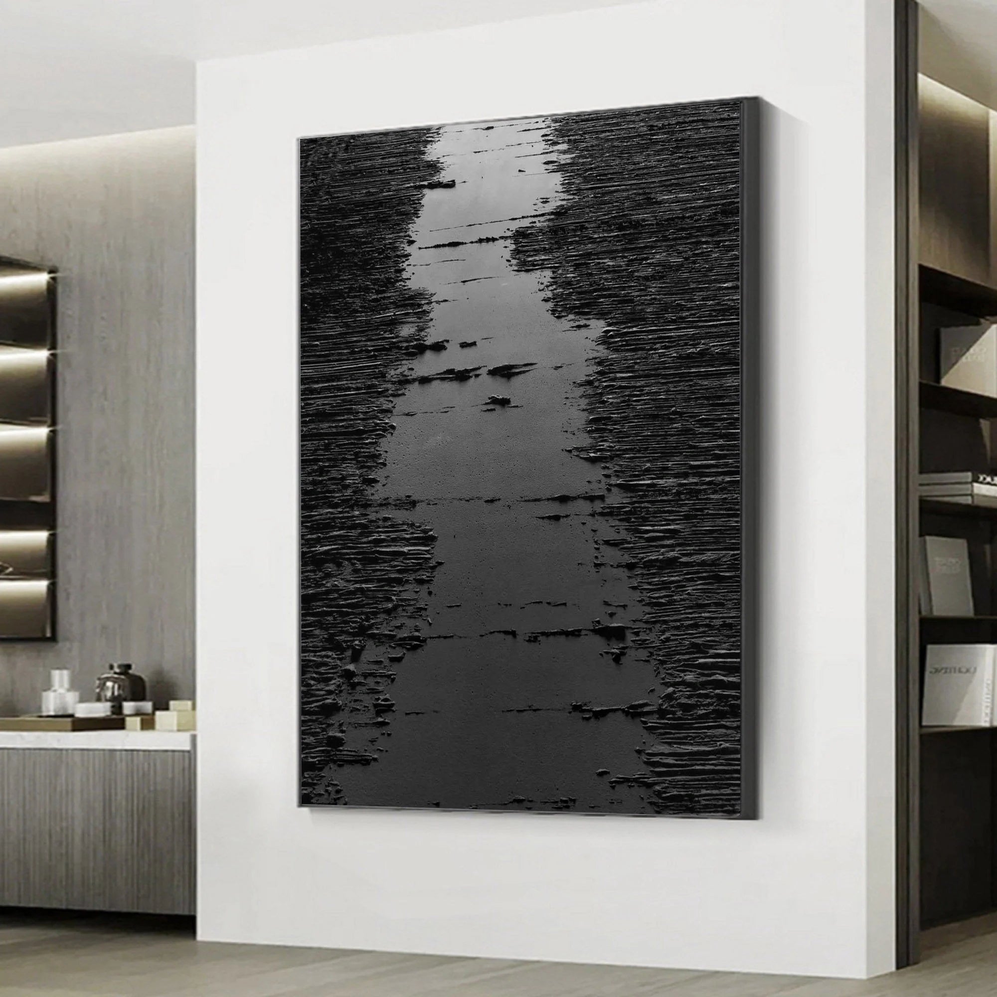 Black 3D Textured Minimalist River Canvas Wall Artwork Decor for Room