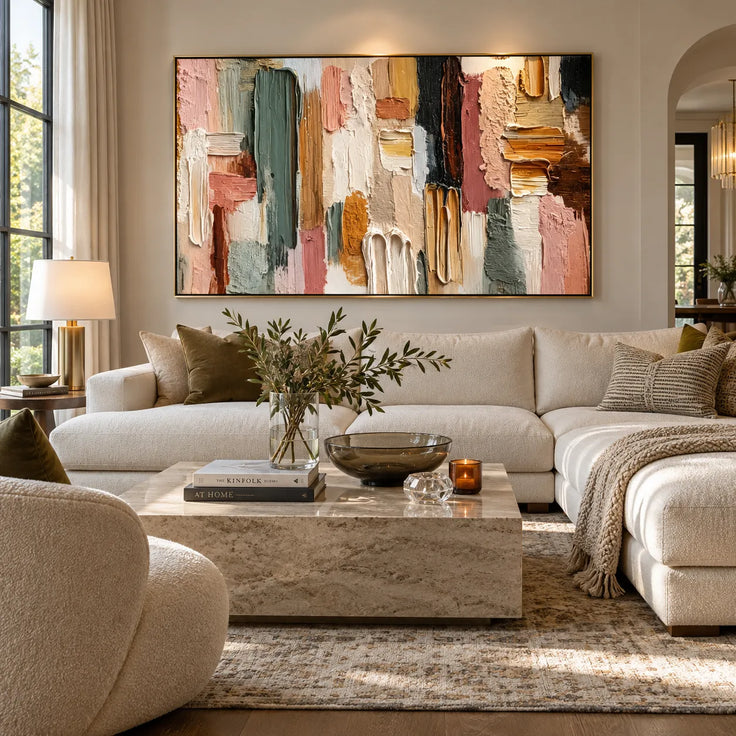 Blush Pink & Sage Green Hand-Painted 3D Textured Oil Painting, Abstract Color Block Wall Art #EIPL629Z