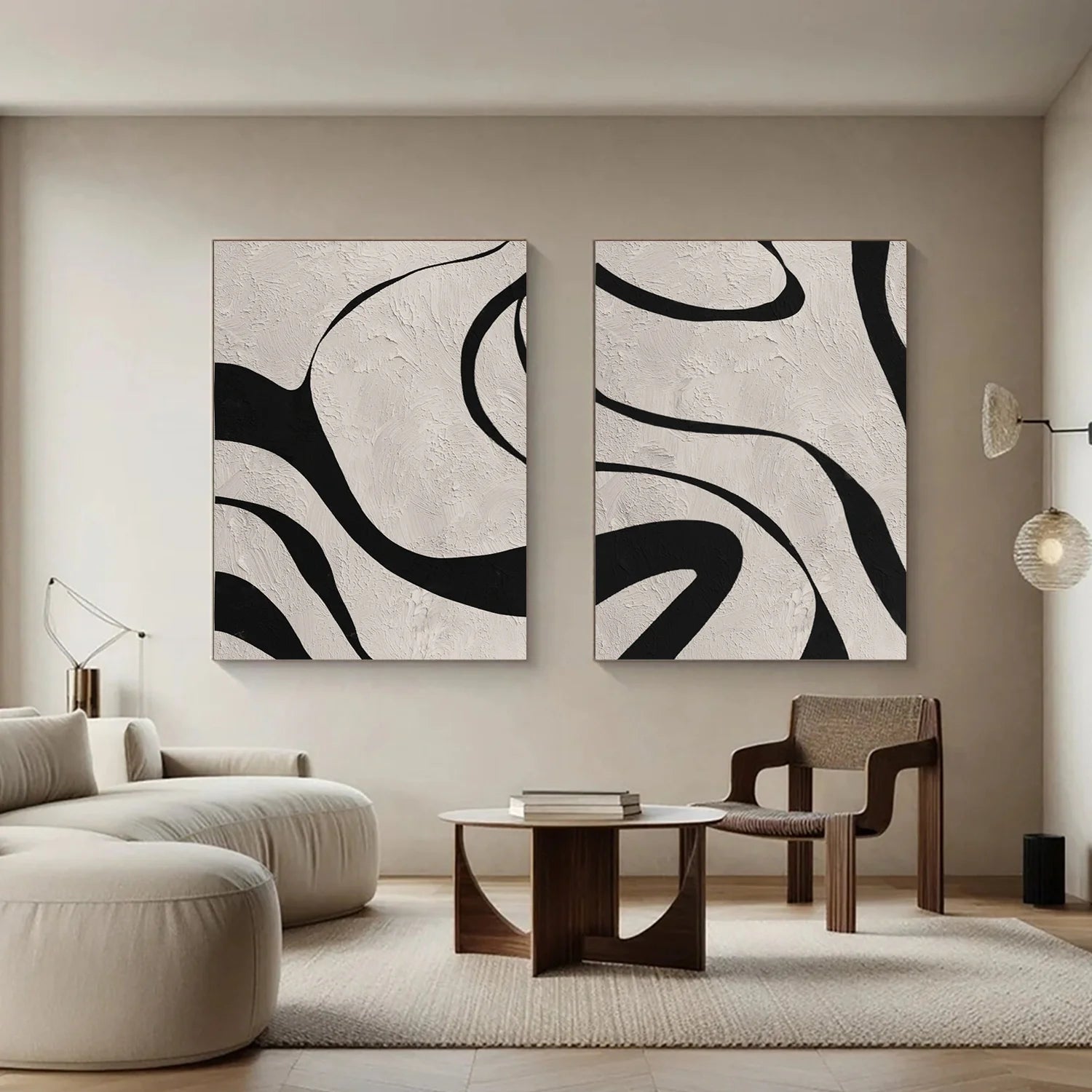 Beige & Black Abstract Textured Painting Set of 2 #WA463