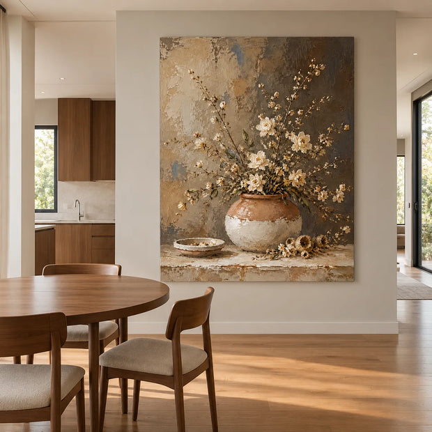 Beige Brown Hand-Painted Oil Painting, Rustic Floral Still Life #PQHF3GDB