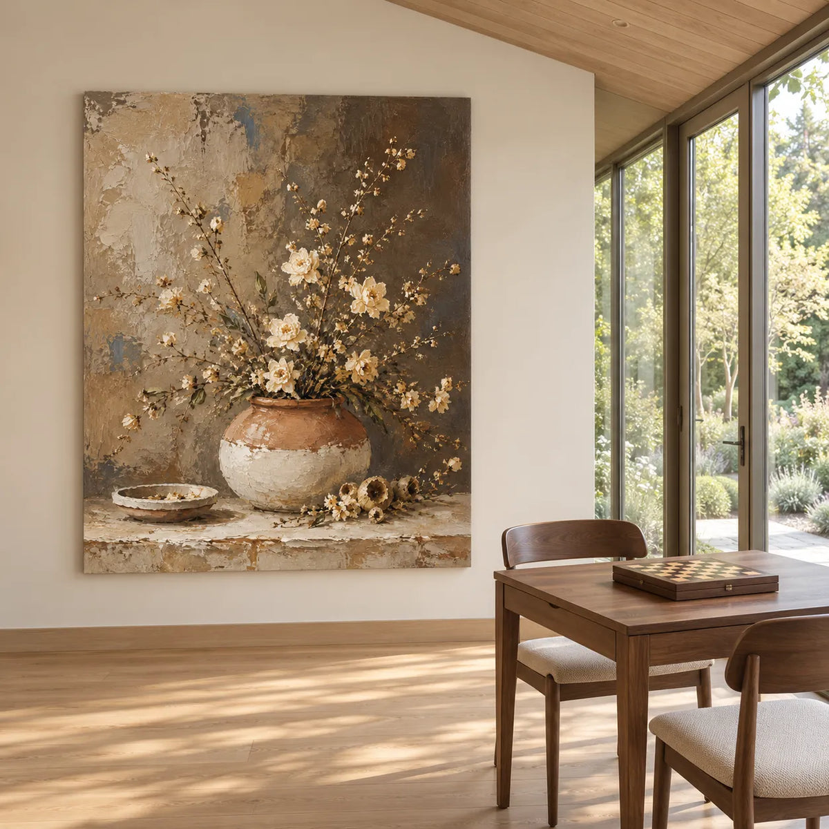 Beige Brown Hand-Painted Oil Painting, Rustic Floral Still Life #PQHF3GDB