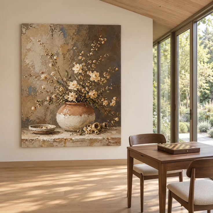Beige Brown Hand-Painted Oil Painting, Rustic Floral Still Life #PQHF3GDB
