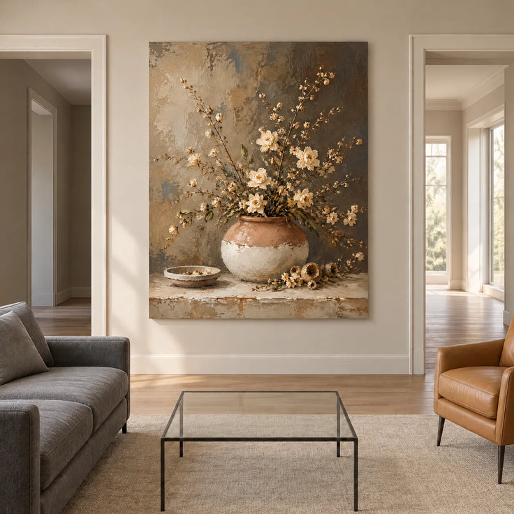 Beige Brown Hand-Painted Oil Painting, Rustic Floral Still Life #PQHF3GDB